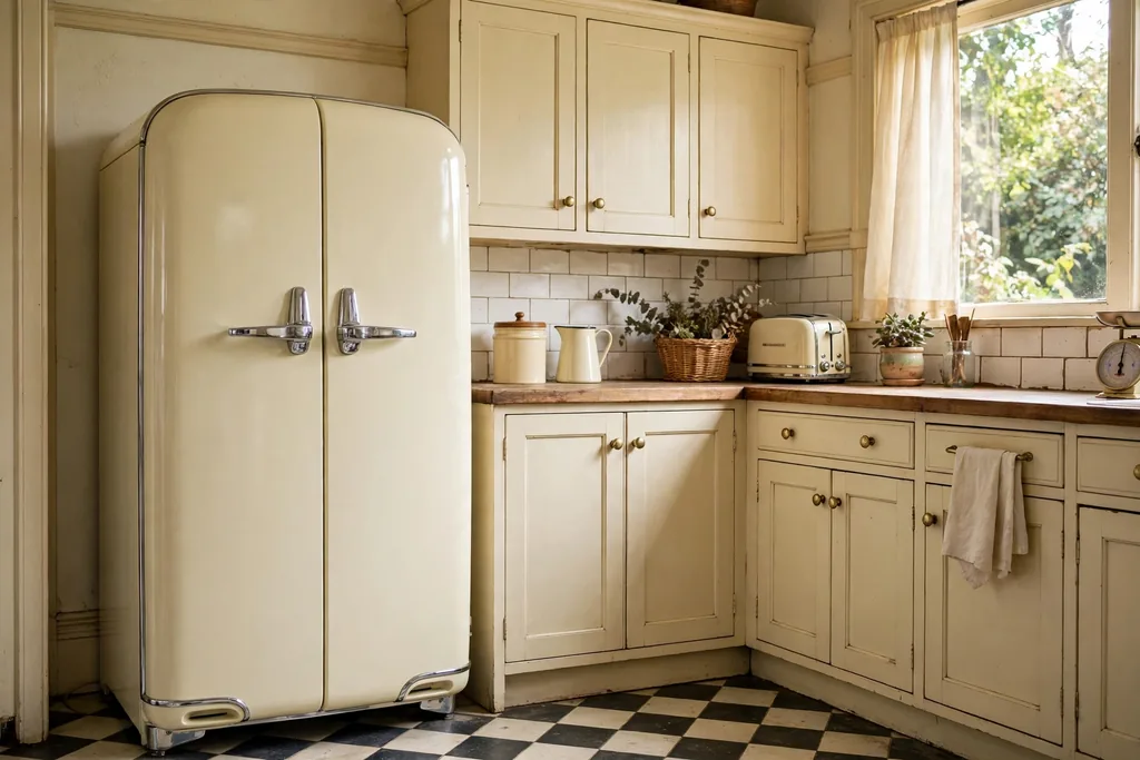 Rounded pastel cream retro refrigerator with chrome handles in a vintage kitchen.