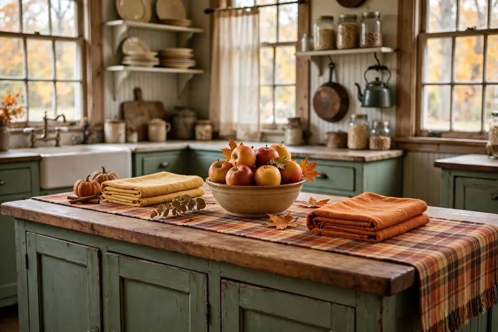 Vintage kitchen dressed for fall with a plaid runner, warm towels and a bowl of apples.