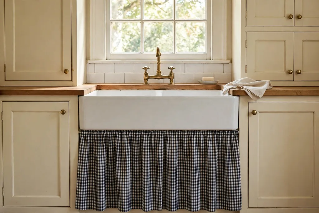 Checked fabric curtain skirt under a farmhouse kitchen sink.