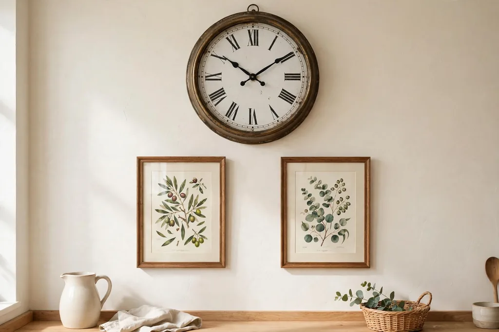 Large vintage wall clock with Roman numerals and framed prints on a kitchen wall.