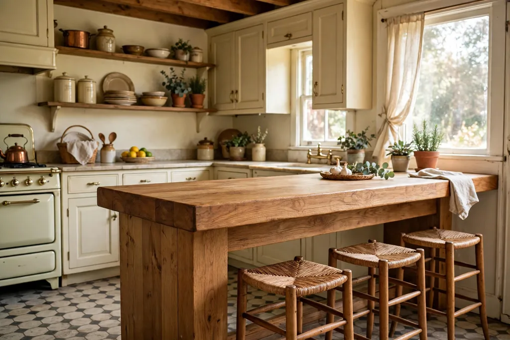 Warm thick wood breakfast bar with stools tucked underneath in a vintage kitchen.