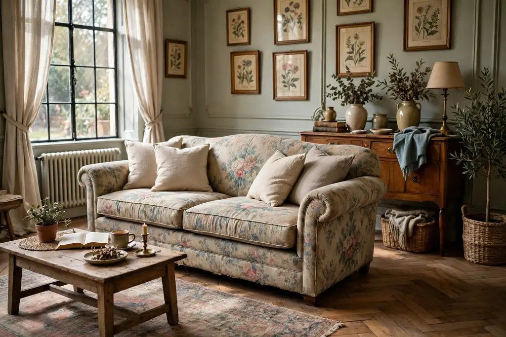 Vintage living room with a rolled-arm sofa in faded floral fabric, plain cushions, wood floor, and soft daylight.