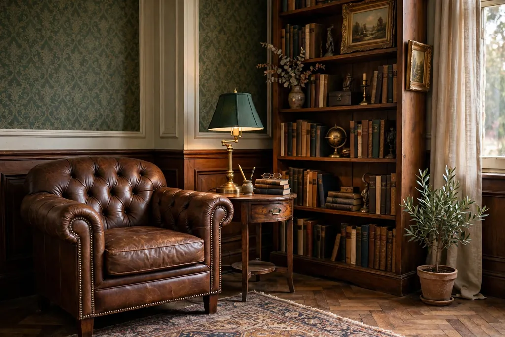 Vintage living room corner with a brown leather Chesterfield armchair, a small side table, a reading lamp, and a bookshelf.