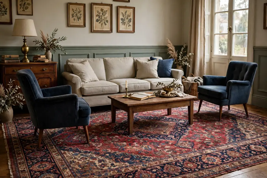 Vintage living room seating group on a large patterned Persian rug in deep reds and navy, plain sofa, wood coffee table.