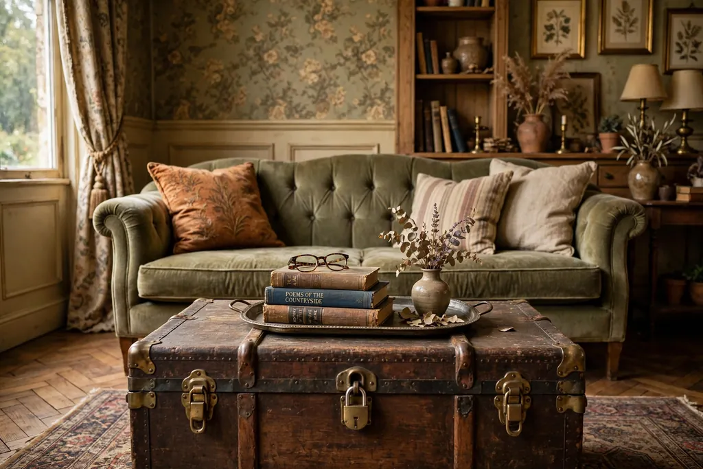 Vintage living room with an old wooden trunk used as a coffee table, brass latches, a tray with books, sofa behind it.