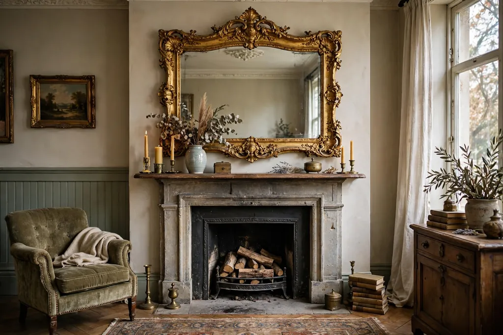 Vintage living room fireplace with a large ornate gilded mirror above the mantel, candles and a vase on the mantel.