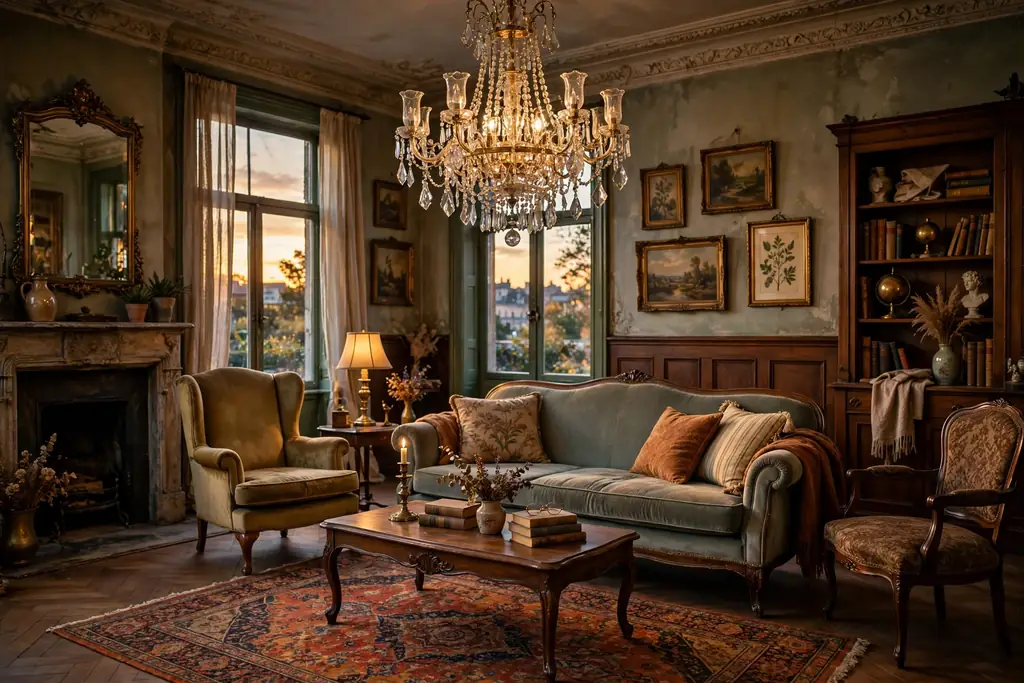 Vintage living room with a crystal chandelier hanging over a seating area, warm evening light, sofa and rug below.