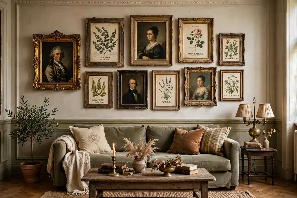 Vintage living room wall with a gallery of old framed oil portraits and botanical prints in mismatched antique frames above a sofa.