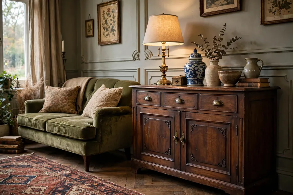 Vintage living room with a dark wood antique sideboard with drawers and cupboards, a lamp and ceramics on top, sofa nearby.