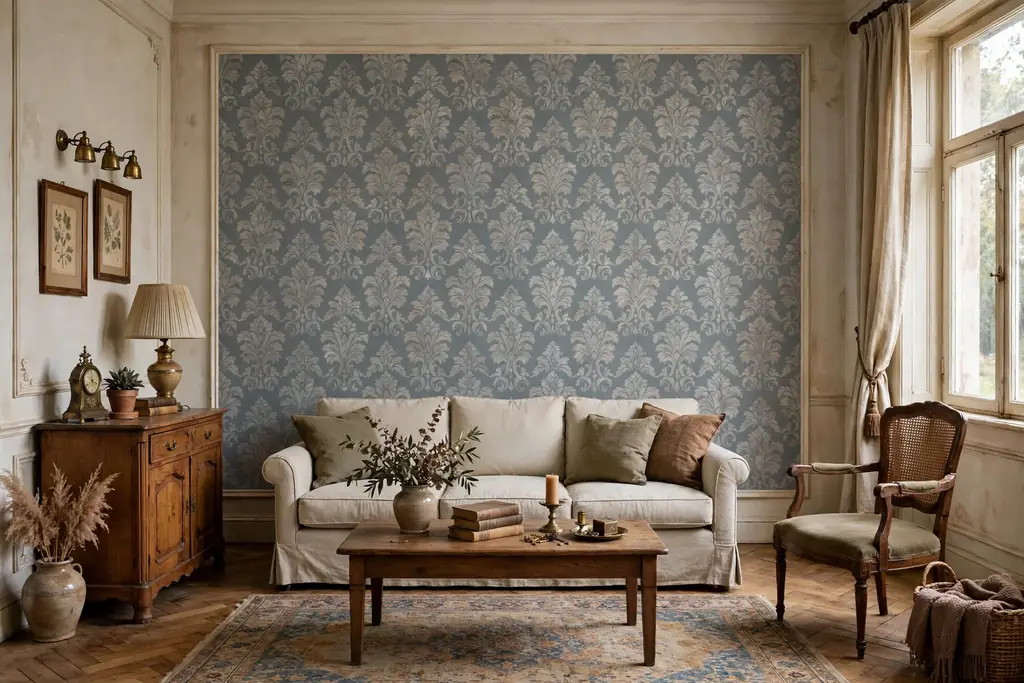 Vintage living room with one accent wall in muted damask patterned wallpaper, plain sofa and wood furniture in front.