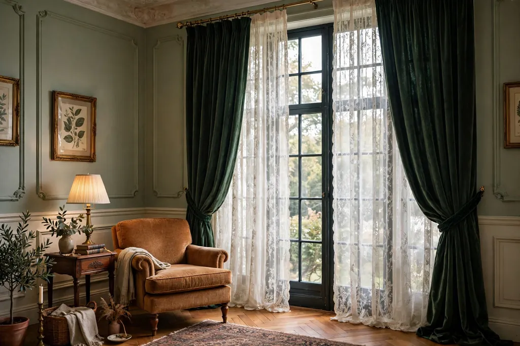 Vintage living room tall window with heavy velvet curtains layered over sheer lace curtains, daylight filtering through, armchair beside.