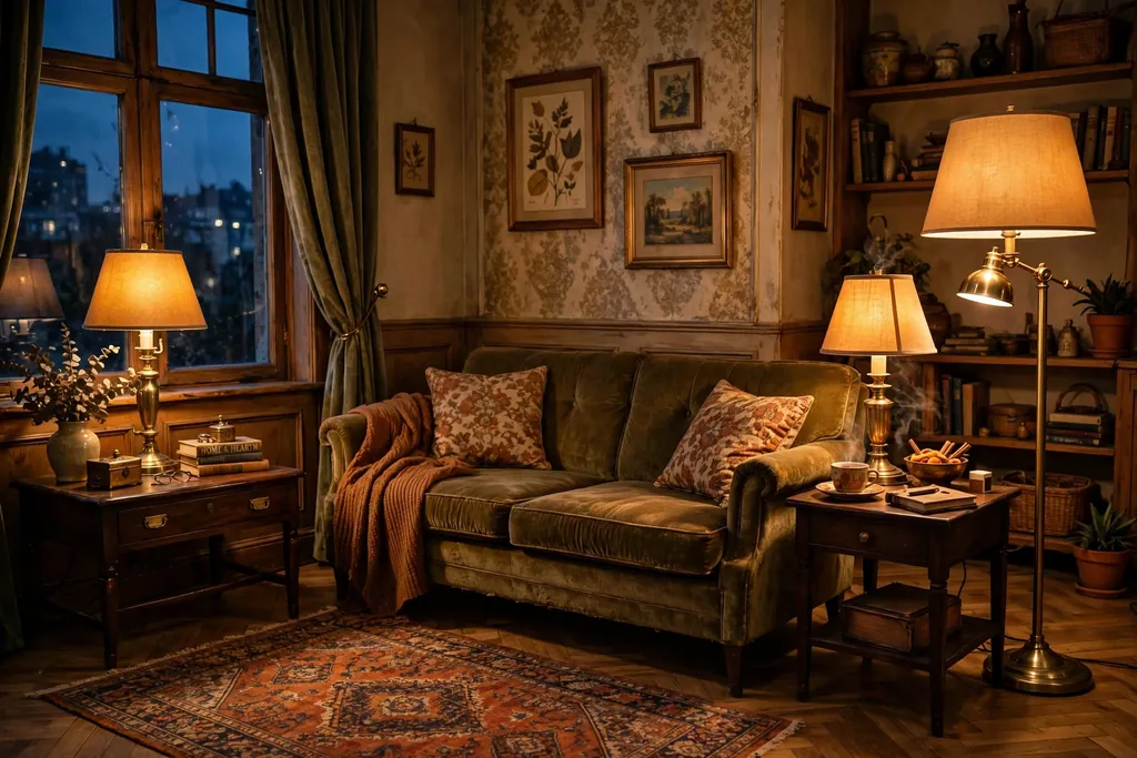 Vintage living room in the evening lit by brass table lamps and a brass floor lamp with warm shades, sofa and side tables.