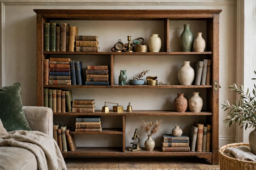 Vintage living room bookshelf styled with old clothbound books, small brass objects, and ceramic vases, with gaps between groups.
