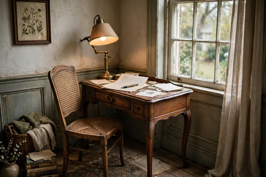 Vintage living room corner with a small antique writing desk, a chair, a lamp, paper and a pen, beside a window.