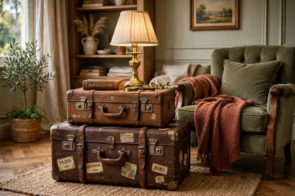 Vintage living room side table made from two stacked old leather suitcases beside an armchair, with a lamp and a book on top.