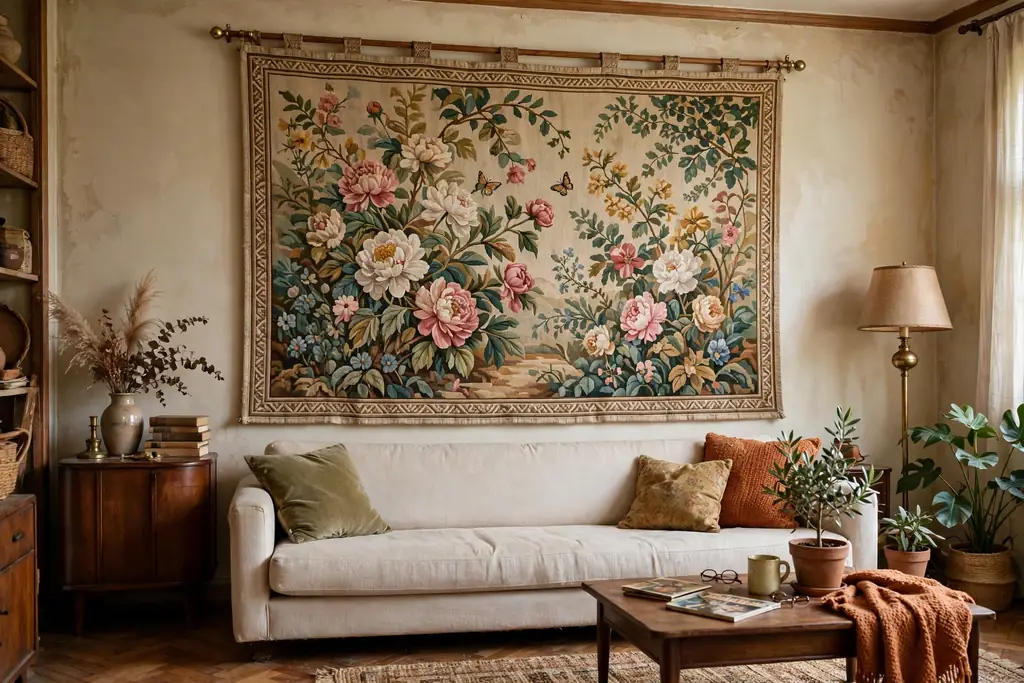 Vintage living room wall with a large woven tapestry wall hanging showing a floral scene, above a plain sofa.