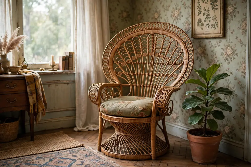 Vintage living room corner with a rattan peacock lounge chair, a cushion, a plant, and soft daylight.