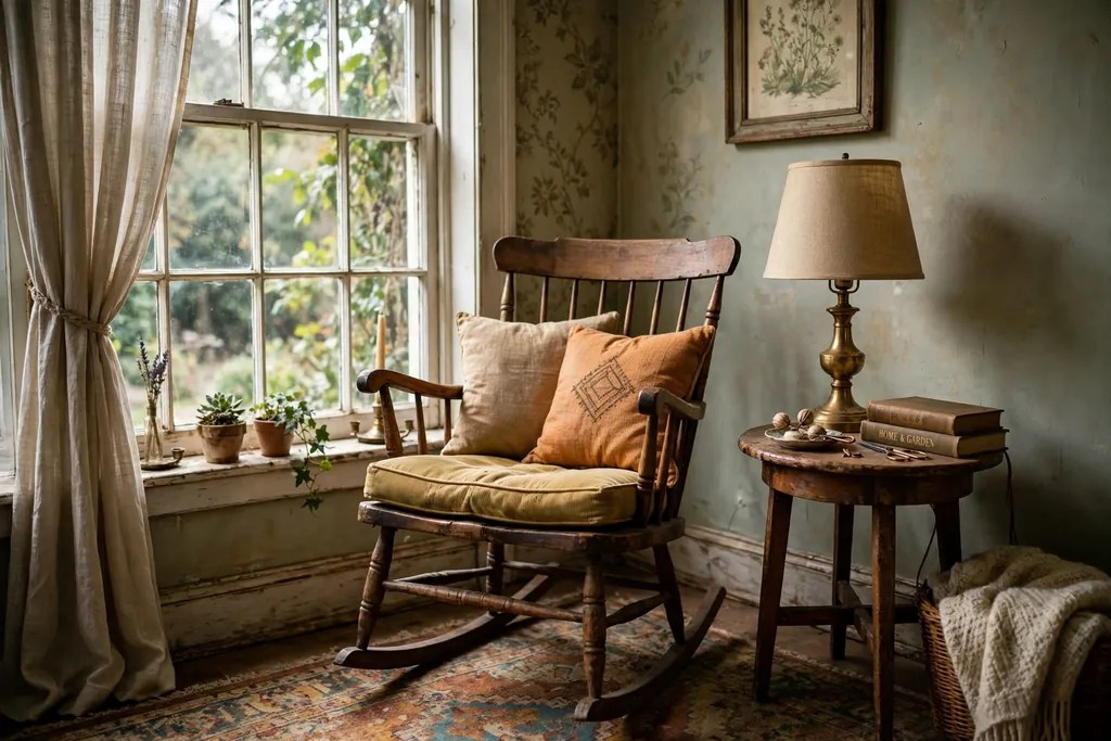 Vintage living room window corner with a wooden rocking chair, a cushion, a small side table and a lamp.