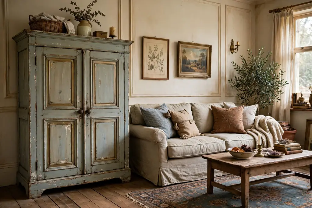 Vintage living room with a distressed painted wooden armoire with cupboard doors, used for storage beside a sofa.