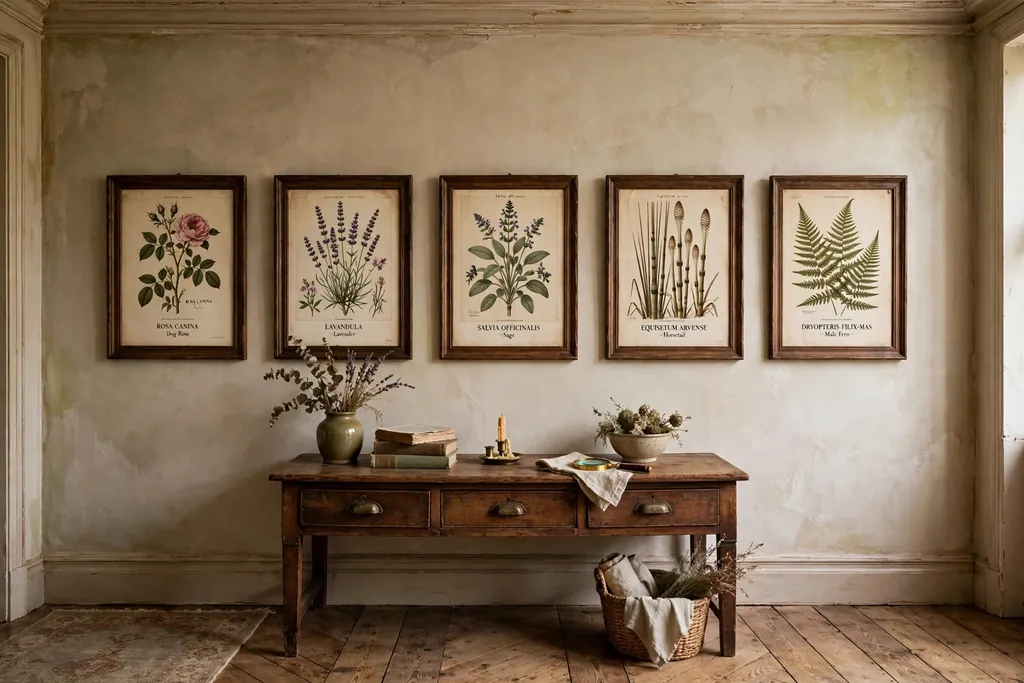 Vintage living room wall with a neat row of old botanical prints in dark wood frames above a console table.