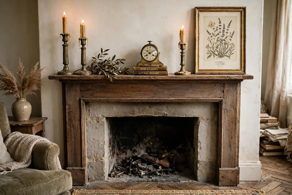 Vintage living room fireplace mantel styled with aged brass candlesticks, candles, a small clock, and a framed print.