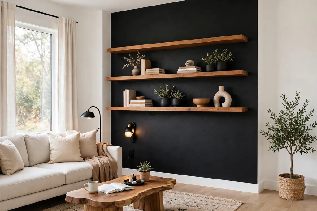 Modern living room with one matte black wall, bright white walls, and warm wood shelves.