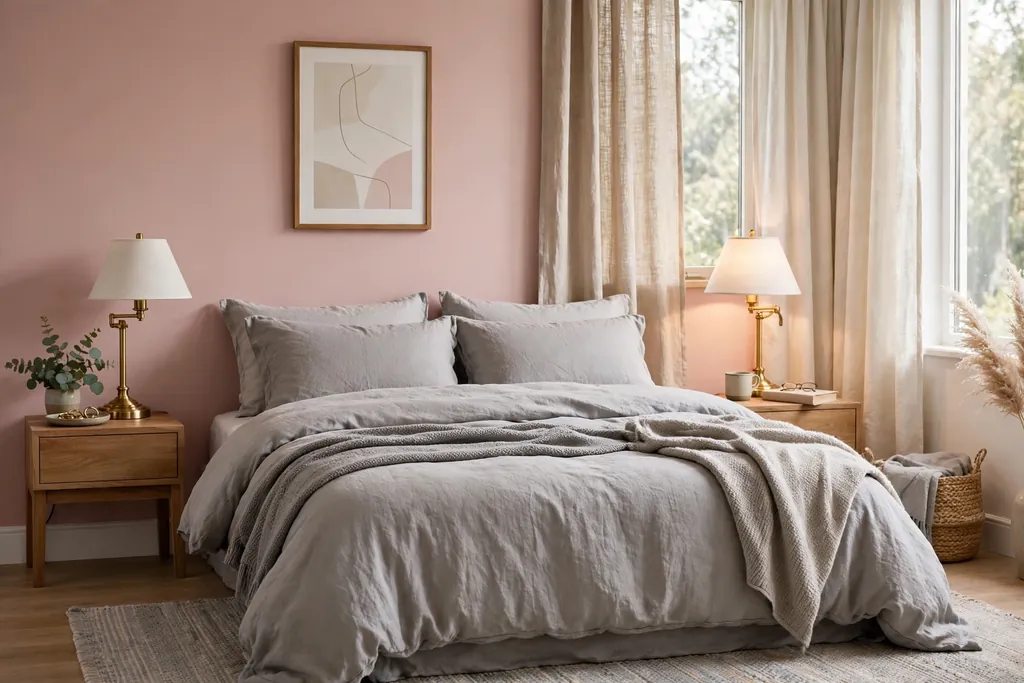 Bedroom with blush pink walls, soft grey bedding, and brass lamps.