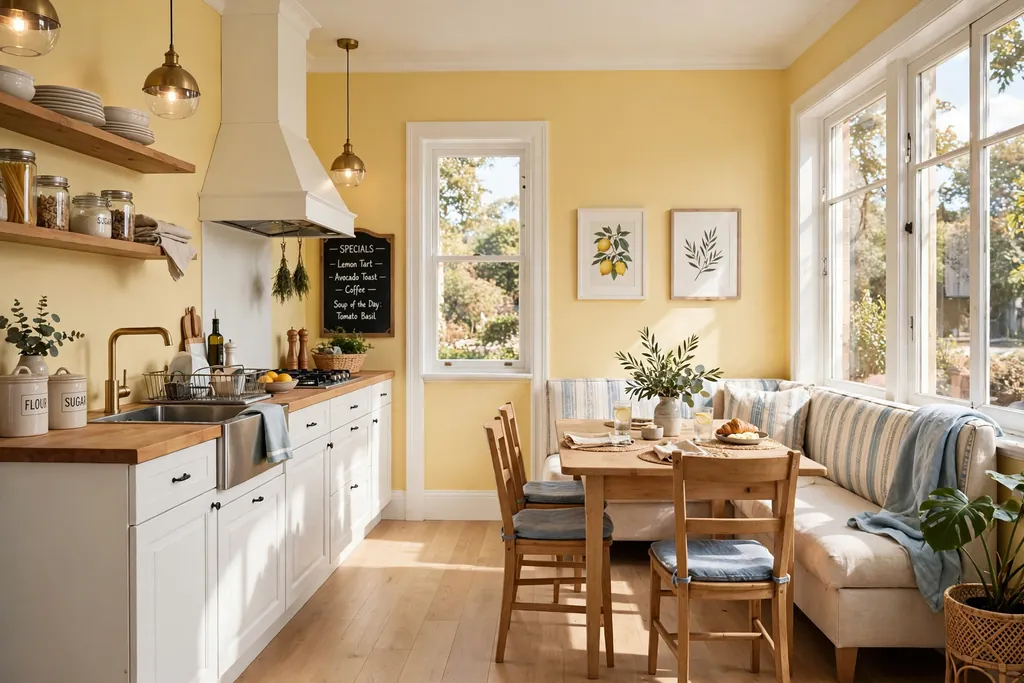 Sunny kitchen diner with butter yellow walls, white trim, and light wood floors.