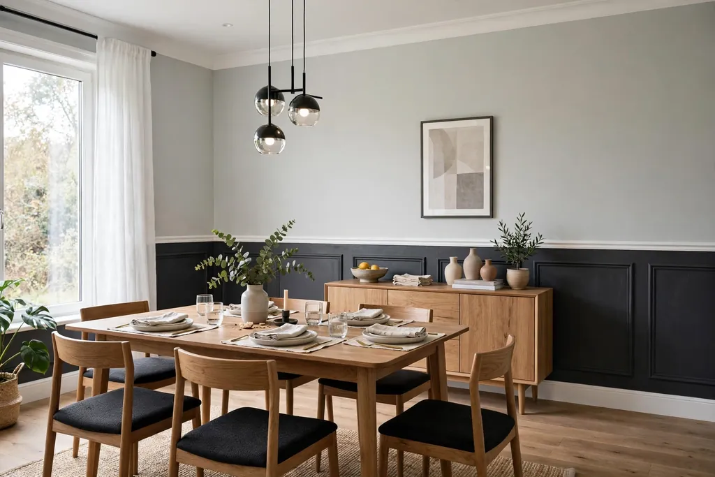 Dining room with charcoal lower walls, pale grey upper walls, and a white chair rail.