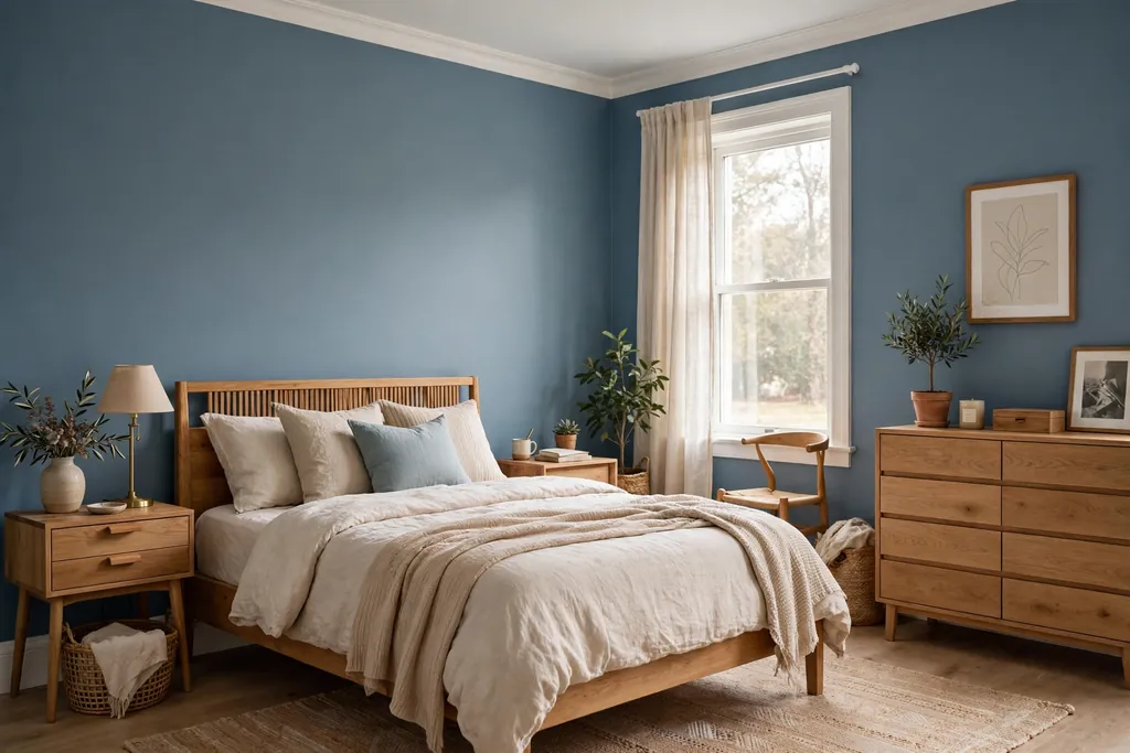 Bedroom with dusty blue walls, white trim, and natural wood furniture.