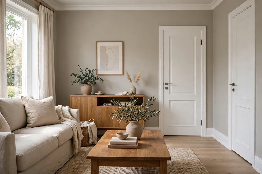 Room with greige walls, bright white trim, and warm wood furniture.