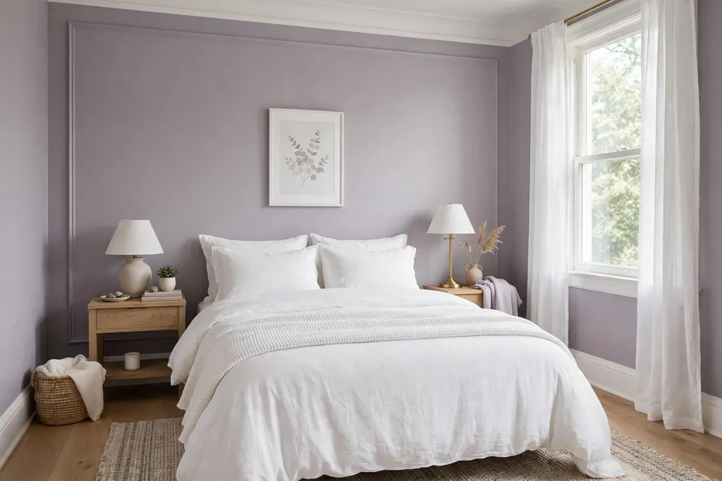 Bedroom with soft lilac grey walls, white trim, and white bedding.