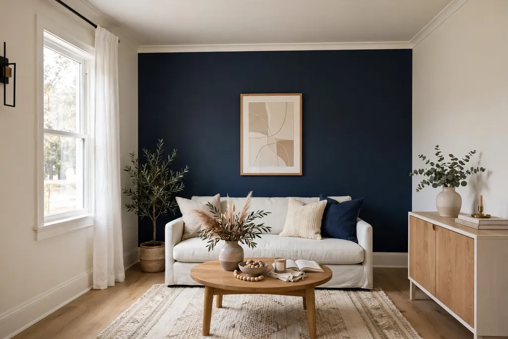 Living room with warm white walls and one deep navy accent wall behind a pale sofa.