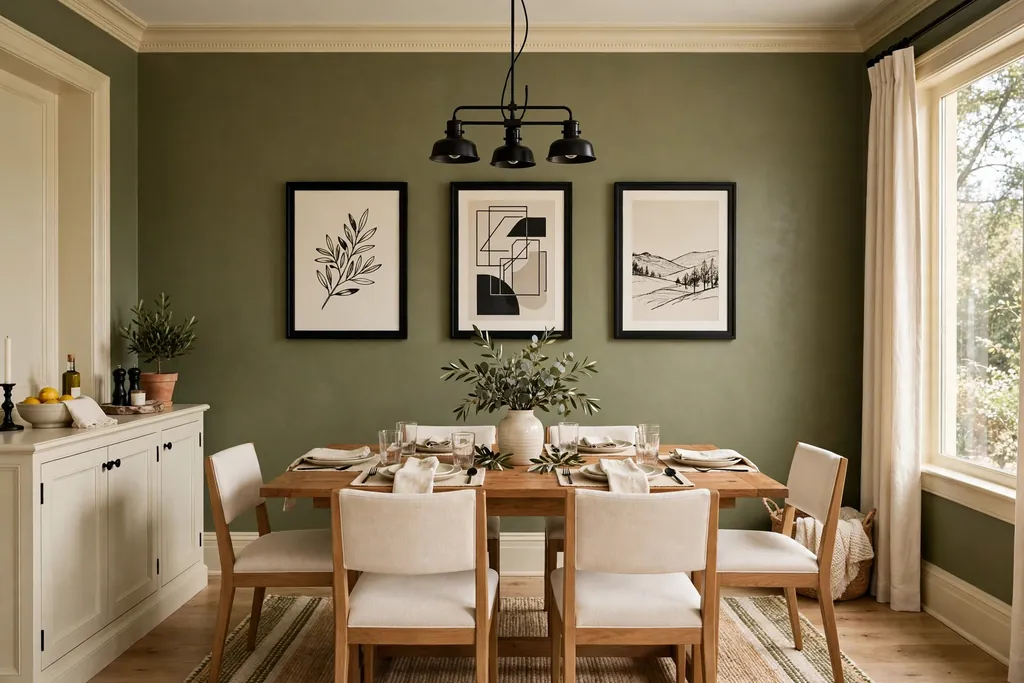 Dining room with olive green walls, cream trim, and black framed art.