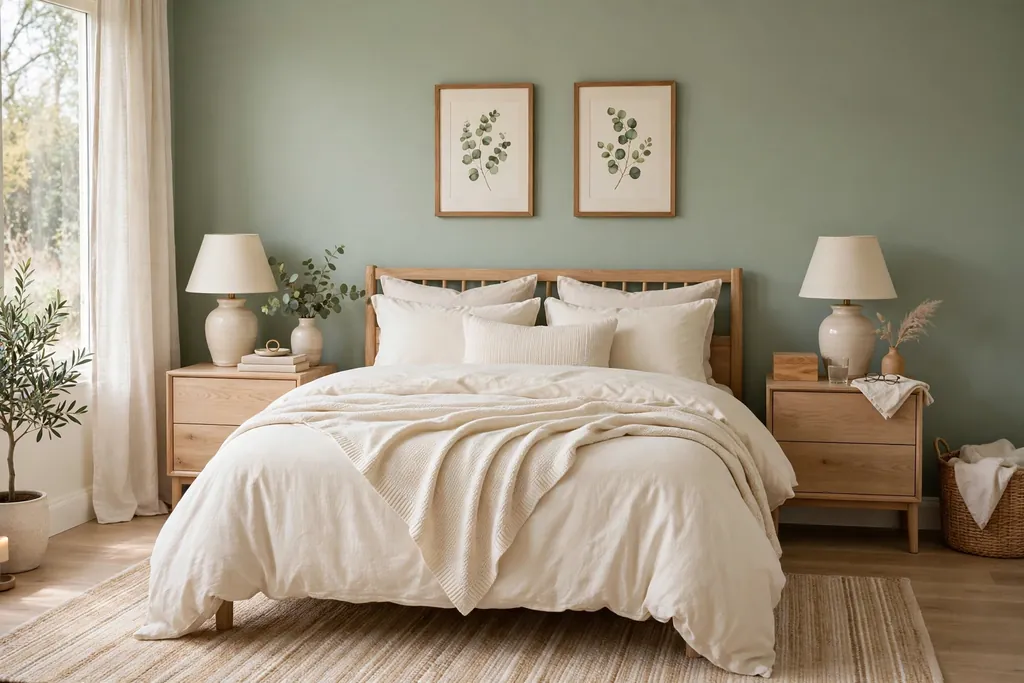 Bedroom with soft sage green walls, cream bedding, and light oak bedside tables.