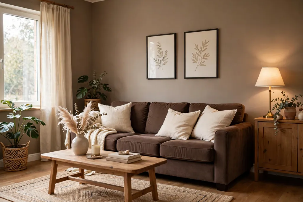 Living room with warm taupe walls, a chocolate brown sofa, and cream cushions.