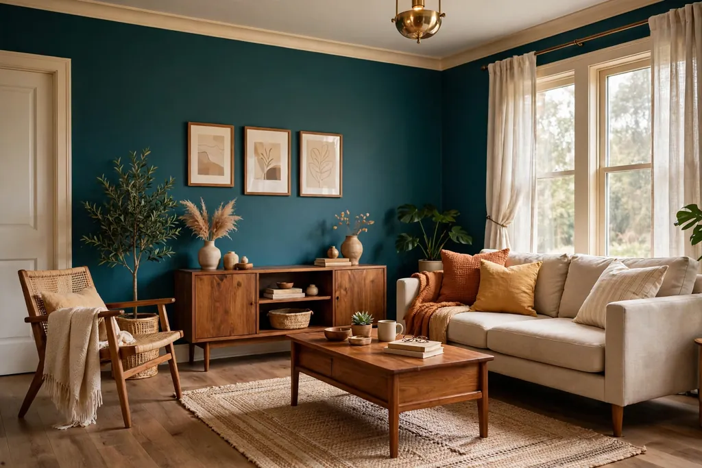 Living room with deep teal walls, warm white trim, and mid wood furniture.