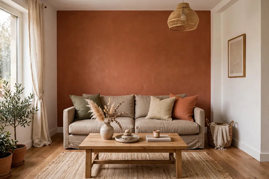Living room with one terracotta feature wall, warm white side walls, and wood floors.