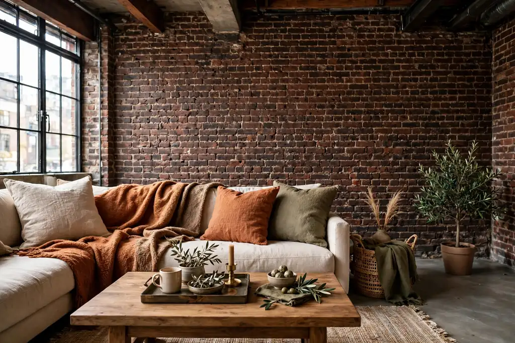 Sofa with wool throws and linen cushions against an exposed brick wall, with a wood coffee table.