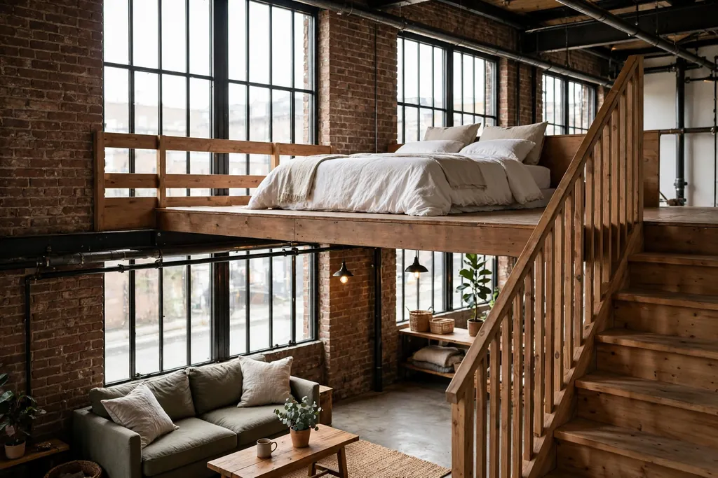Mezzanine sleeping level with a bed, wood stair and guardrail above a loft living room.