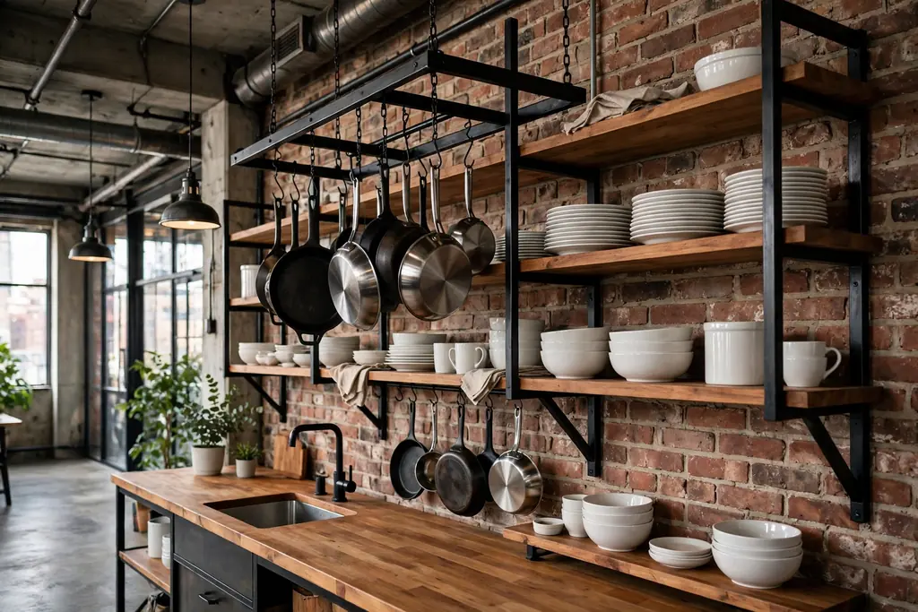 Industrial loft kitchen with open wood and steel shelving holding plain white crockery and hanging pans.
