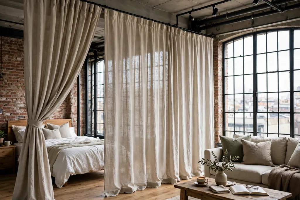 Floor to ceiling linen curtains dividing a loft bedroom from the living area.