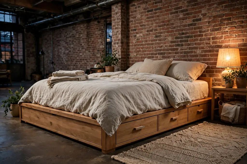 Low wood platform bed with drawers and natural linen bedding in a loft bedroom.