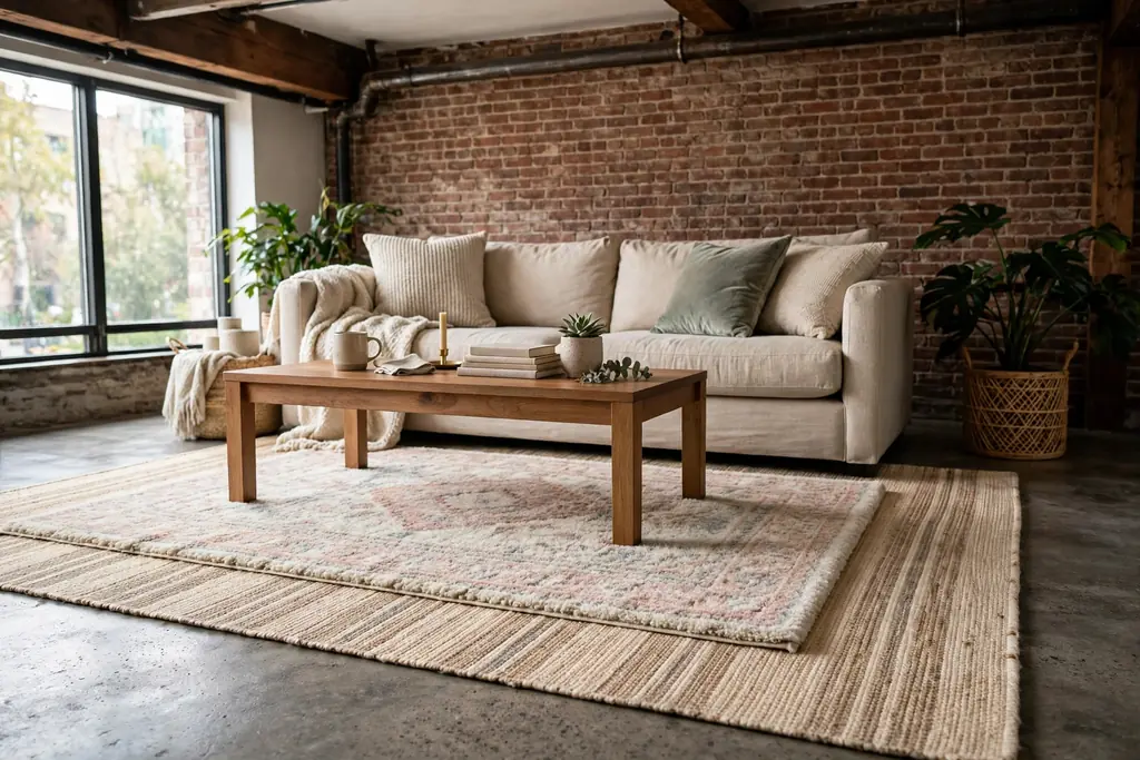 Layered rugs over a concrete floor in a loft seating area with a sofa and wood coffee table.