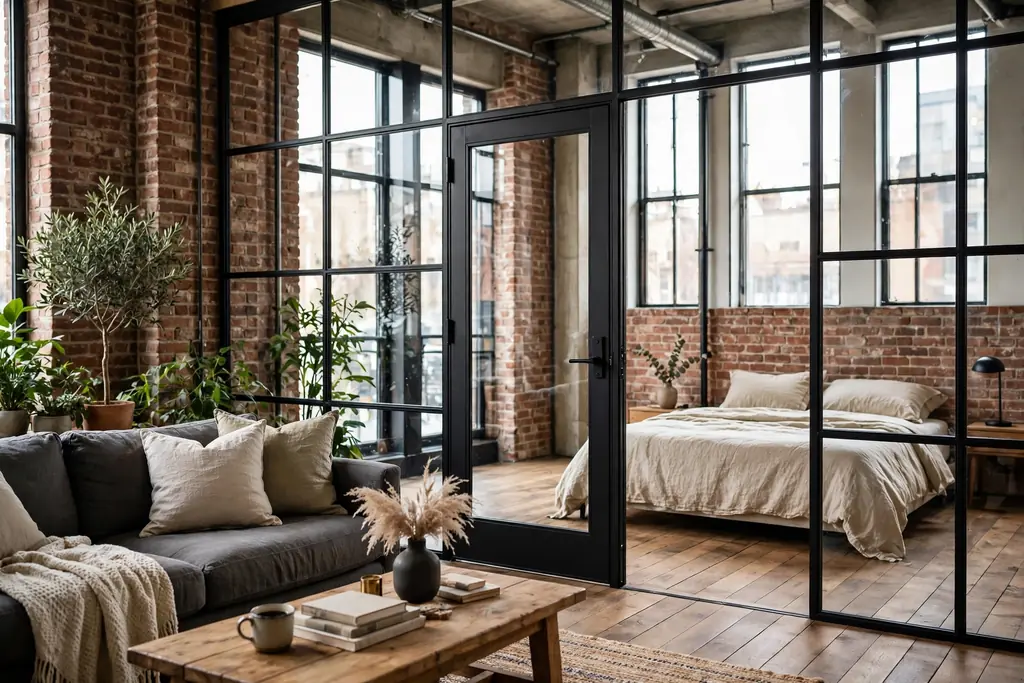 Black steel and glass partition with a door between a loft bedroom and living room.
