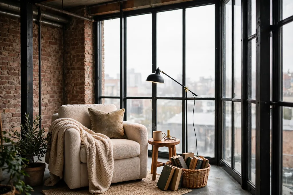 Reading chair with a floor lamp and side table in a tall steel window bay.