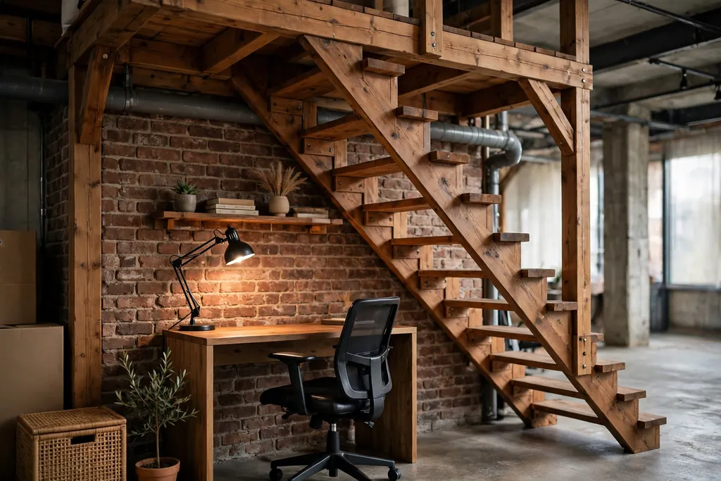Compact desk with a task lamp and wall shelf fitted under wooden mezzanine stairs.