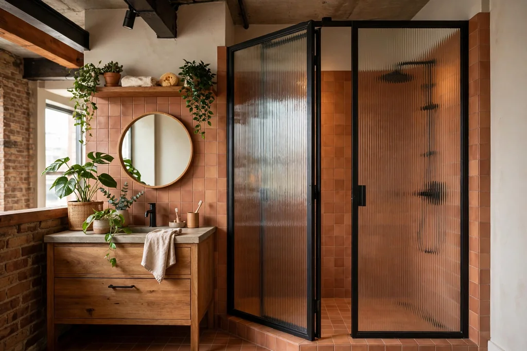 Loft bathroom screened by a fluted glass door in a dark frame, with warm tiles and a round mirror.