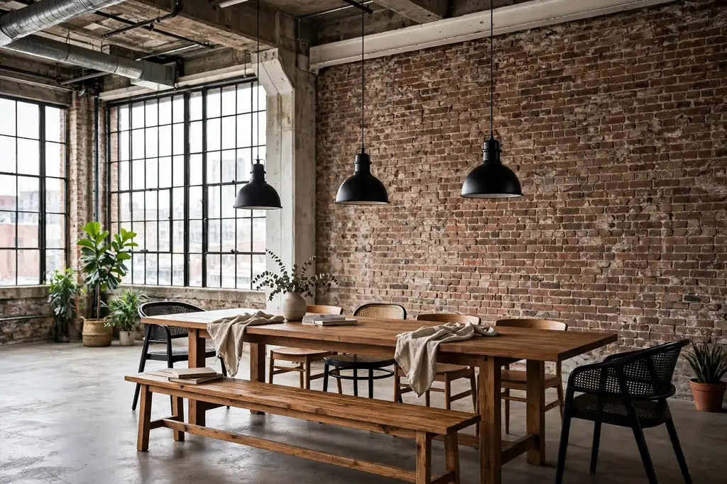 Long wood dining table with chairs and a bench under a row of black pendant lights.