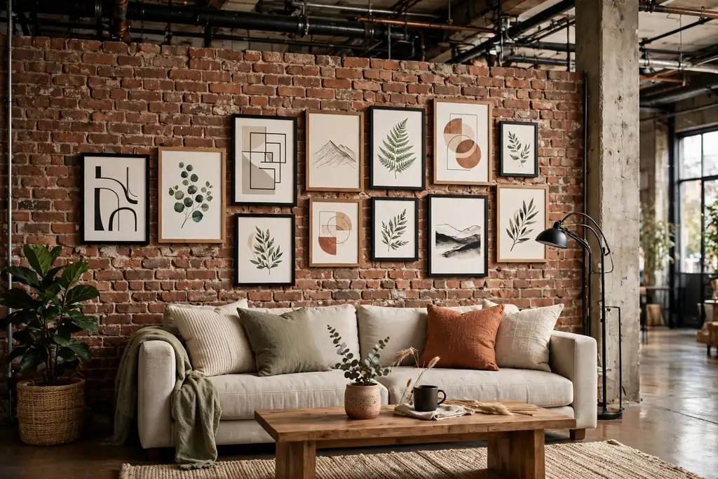 Gallery wall of framed art prints on an exposed brick wall above a loft sofa.